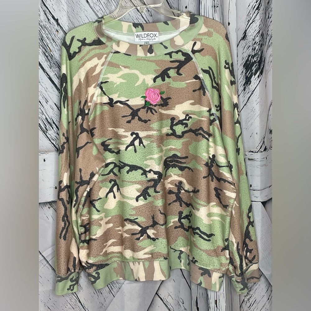 Wildfox Camouflage Sweatshirt with Embroidered Pink Rose L